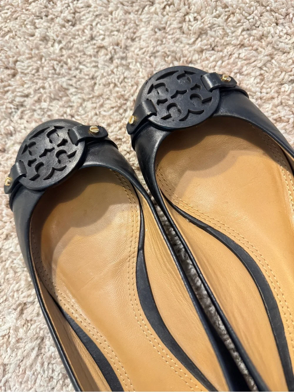 Tory Burch Black Leather Ballet Flats with Logo Medallion Size 7